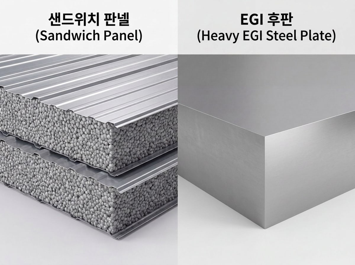 샌드위치 판넬과 다락 EGI 강판 단면 비교